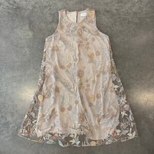 Calvin Klein Women's Tan Floral Lace Mesh Shift Dress Sleeveless Embroidered 6